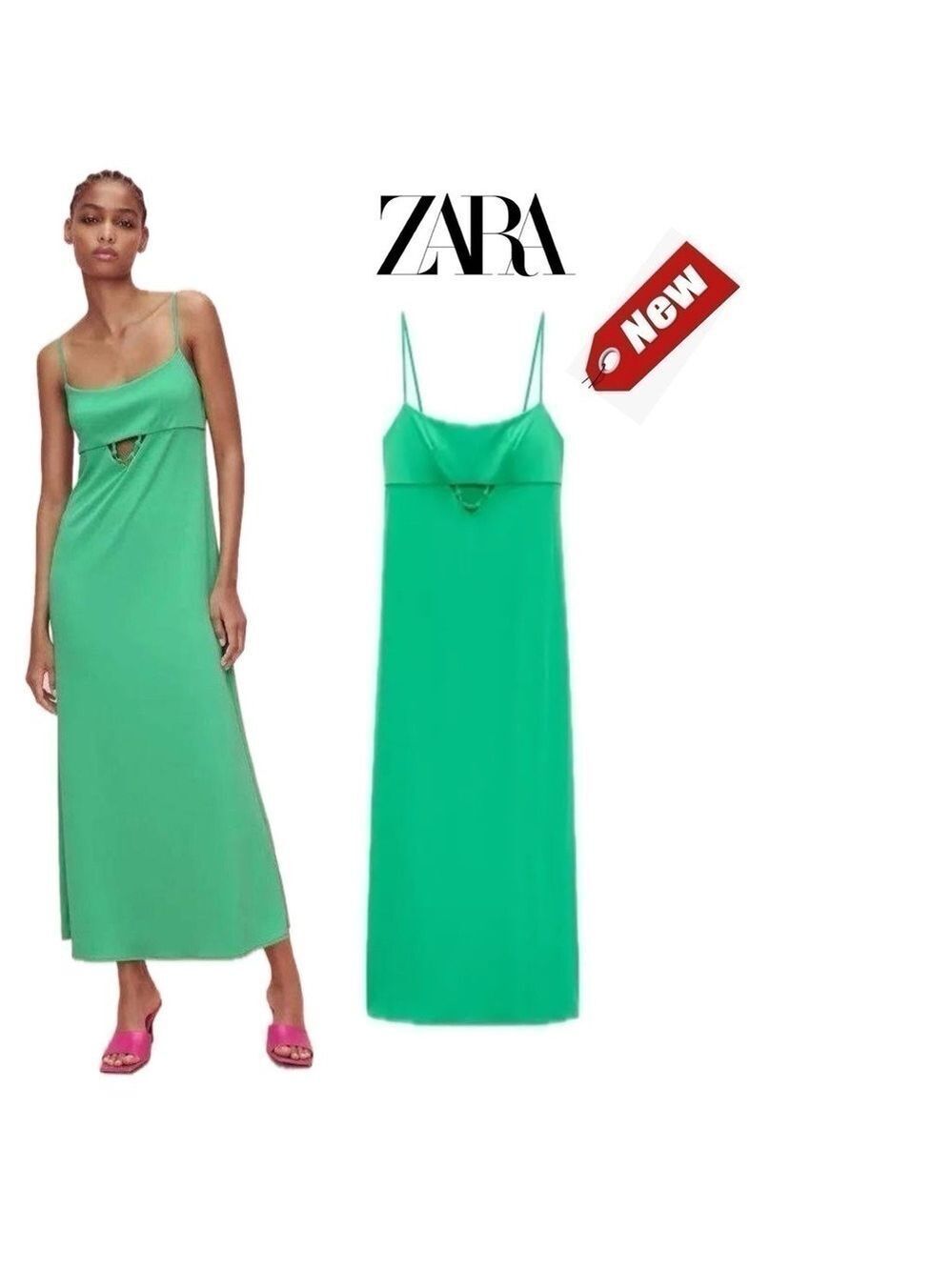 Zara green cutout spaghetti strap stretchy maxi dress Sz S NWT